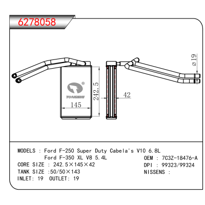 适用于 Ford F-250 Super Duty Cabela's V10 6.8L/Ford F-350 XL V8 5.4L OEM:7C3Z-18476-A