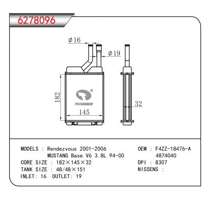 适用于 Rendezvous 2001-2006 /MUSTANG Base V6 3.8L 94-00 OEM:F4ZZ-18476-A,4874040